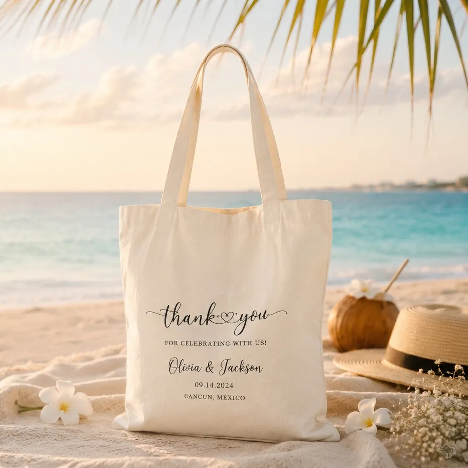 A cotton welcome tote printed with a couple's names, standing on the sand at sunset